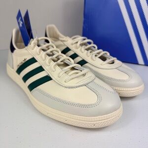 adidas Samba Leather Sneakers in Cream with Green Stripes